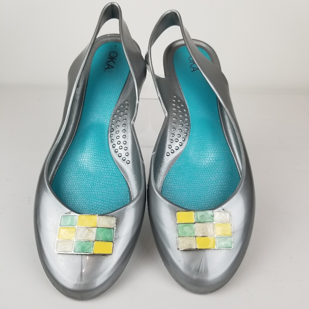 Oka b Silver Slingback Flats Mosaic Accent Comfort Shoes‎ USA Women's 8